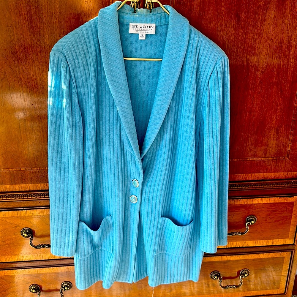 St. John long baby blue ribbed cardigan with belt and sleeveless sweater, large